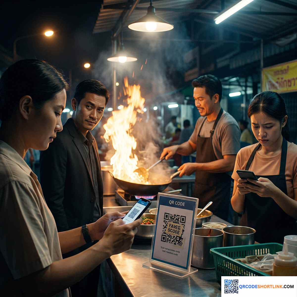 คนไทยยืนสแกนคิวอาร์โค้ดชำระเงินที่ร้านสตรีทฟู้ดที่มีมิจฉาชีพยืนมอง